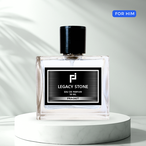 Legacy Stone by Fragnit – Fruity Woody Musk Men’s Perfume Bottle on Elegant Background
