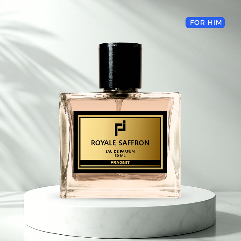 Royale Saffron by Fragnit – Leather Amber Unisex Perfume Bottle on Dark Luxury Background