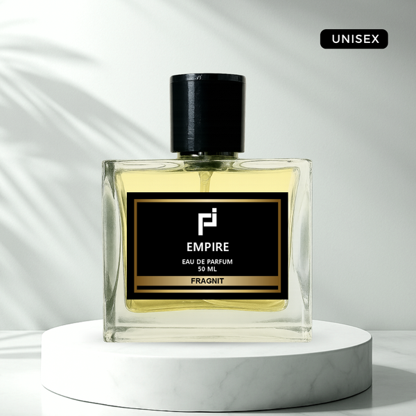 Empire by Fragnit – Amber Musk Woody Unisex Perfume Bottle on Elegant Golden Background